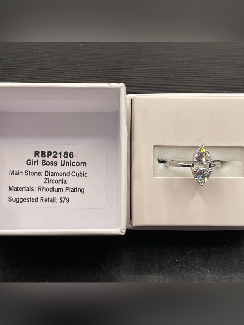 Bomb Party Girl Boss Unicorn Marquise CZ Ring in Silver Rhodium NIB Size 6.5